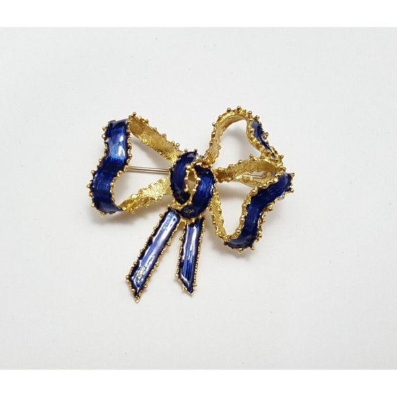 Tiffany & Co. Jewelry - Vintage Victorian Tiffany & Co 18K Solid Yellow Gold Blue Enamel Bow Brooch Pin